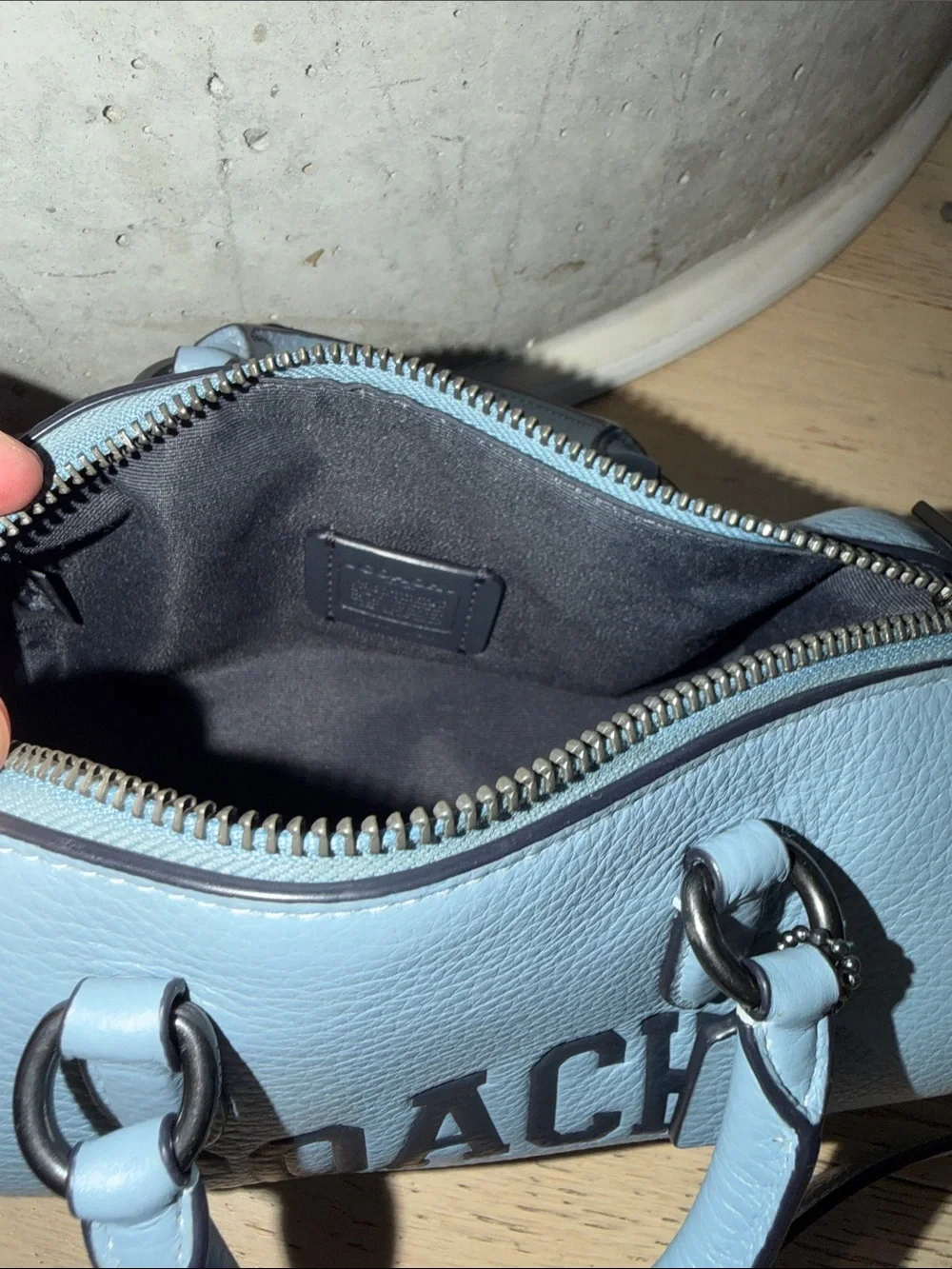 Coach Light Blue Pebbled Leather Barrel Crossbody